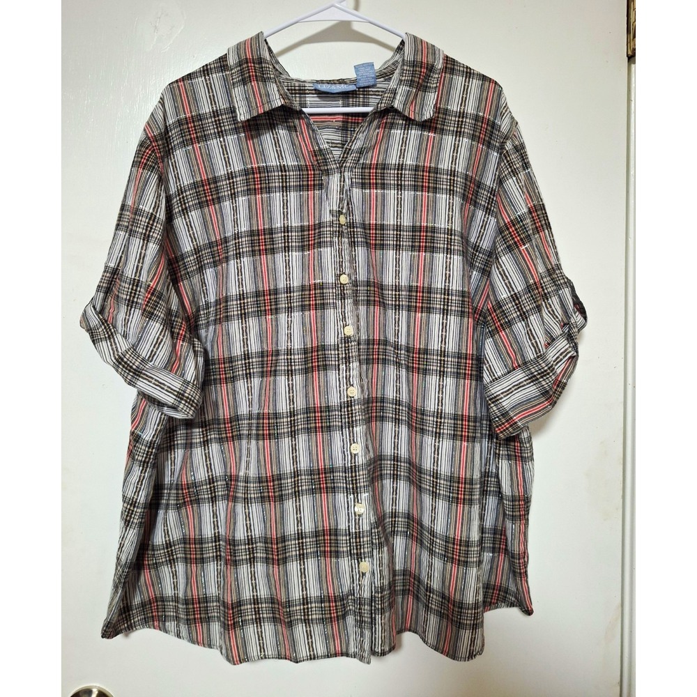 Liz & Me Women 3X Plaid Button Front Shirt Metallic Lurex Sleeve Roll Tab Y2K